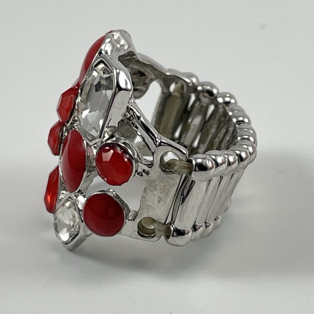 Silver Tone Red White Rhinestone Cluster Cocktail Ring Stretch Statement - Picture 3 of 7